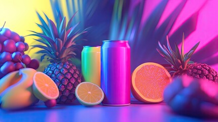 An energizing layout featuring pre-workout supplement cans and tropical fruits, highlighted by bold and colorful lighting effects
