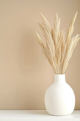 Elegant dried grass arrangement in a simple white vase on a neutral-toned background