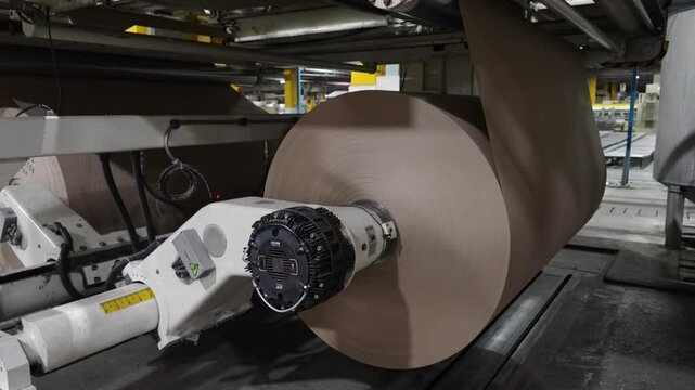 Processing cardboard in a paper mill close-up. Manufacture of corrugated paper and containers of paper and paperboard. Corrugated unit for the production of 2 -, 3-and 5-layer corrugated cardboard
