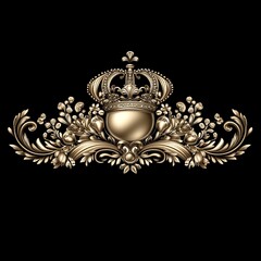 Regal Crown and Floral Crest Ornate Gold Emblem