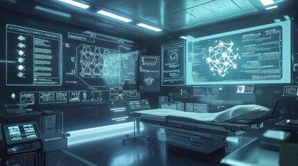 Fototapeta premium Clean futuristic medical room with glowing touchscreens, smart devices, and 3D molecular projections hovering mid-air