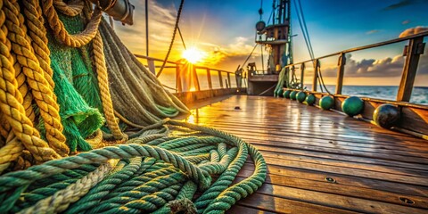 Obraz premium Nautical Rope and Net on Old Ship Deck - Stock Photo
