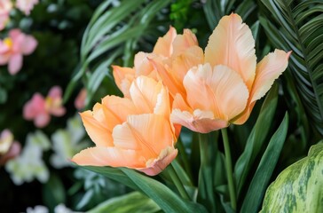 オレンジ色のチューリップが咲く美しい庭の一角