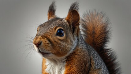 Obraz premium Close-up portrait of a cute red squirrel with big eyes, looking to the side against a neutral background.