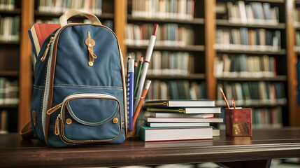 Back to school mockup with a cool backpack, math books, and stationery on a peaceful library background, with a mockup