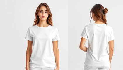 Front and back view of a woman wearing a plain white t-shirt on a light background