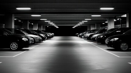 Empty underground parking garage at night.