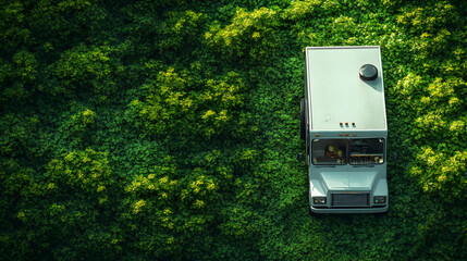 A food truck parked amidst lush greenery, blending into the natural environment.