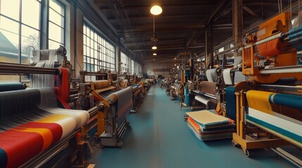 Fototapeta premium Panorama of a spacious textile production floor with synchronized weaving equipment.