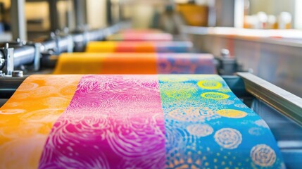 Textile machinery producing vibrant silk patterns in a clean, high-tech environment.
