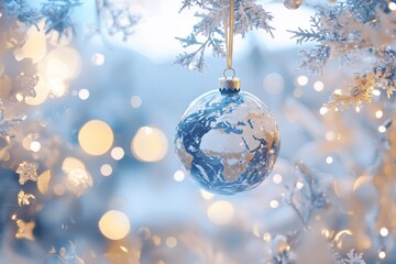 Christmas World Map Globe Ornament Ball in Blue Colors