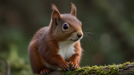 Fototapeta premium Adorable red squirrel perched on mossy branch.