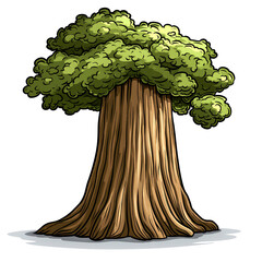 Cartoon illustration of a large tree with thick trunk and lush green crown.