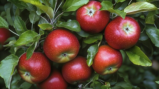 Fresh ripe apples tumbling from a tree in an orchard