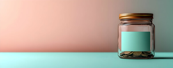 A glass jar filled with coins against a pastel background, suggesting saving or budgeting.