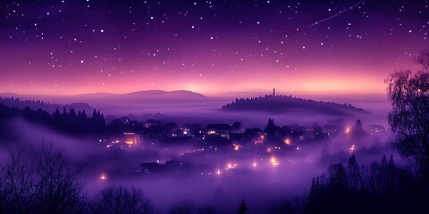 Naklejka premium Starlit Night Envelops Misty Village Houses Hills