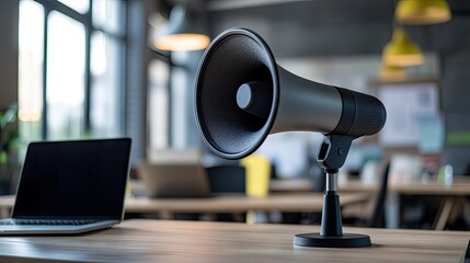 A sleek modern megaphone speaker on a desk in an office, with a laptop in the background.