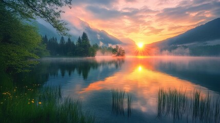 sunrise on the lake in spring