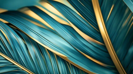 Vibrant teal and gold palm leaves create a striking visual contrast in a tropical setting
