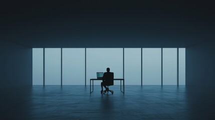 Intense Deadline Pressure in a Sinister Corporate Office - Photorealistic 3D Render Illustration of a Figure Typing on Laptop with Dramatic Light and Shadows