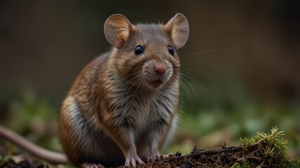 Obraz premium Close-up of a cute brown field mouse sitting on the ground.