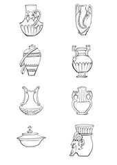 Traditional and old dishes designed by hand with white background
