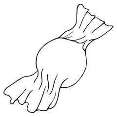 Webchocolate round candy in wrapper, vector black and white doodle element, coloring book, cute design element