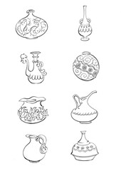 Traditional and old dishes designed by hand with white background
