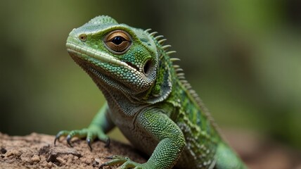 Fototapeta premium Close-up of a vibrant green lizard on a log.