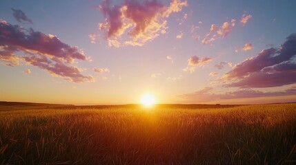 Fototapeta premium Sunset over the field - Captivating 4K time-lapse: majestic sunrise/sunset landscape with stunning nature's light and rolling colorful clouds,