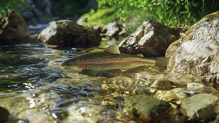 A photorealistic close-up of a rainbow trout in a crystal-clear mountain stream, vibrant natural setting
