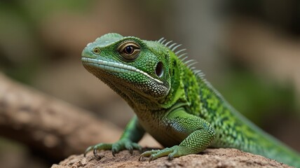 Close-up of a vibrant green lizard on a branch.