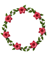 A circular floral wreath composed of pink and red flowers interwoven with green leaves on a thin brown vine. The design is symmetrical, vibrant, and suitable for decorative or seasonal themes.