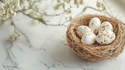 Obraz premium a birds nest with white eggs on a white marble surface
