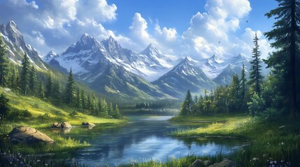 Serene mountain lake reflecting snow-capped peaks under a bright blue sky.