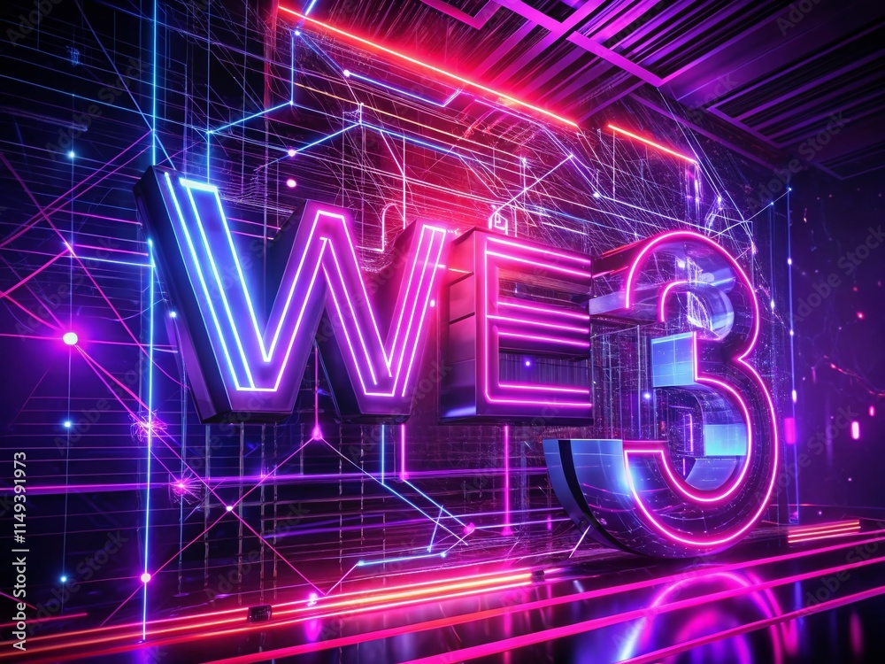 Sticker neon web3 sign with purple code, deep depth of field stock photo