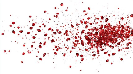 Fototapeta premium A splash of red pomegranate seeds spread randomly across a white background for a vibrant and fresh feel.