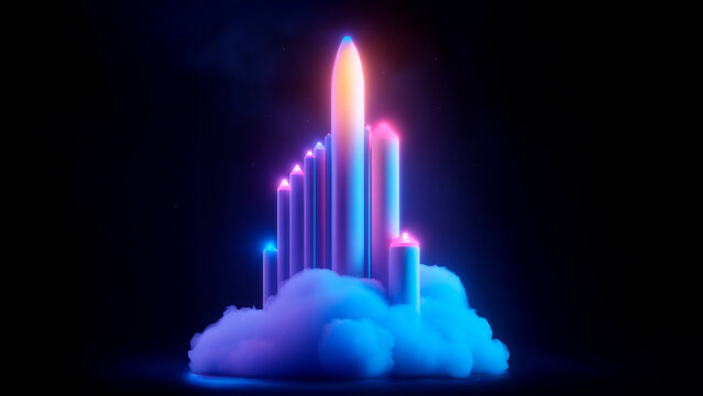 An image of a rocket with a graph on it. Neon parameter black background growth sticks glare light. A glare of light sticks to the glare lifestyle of a light.