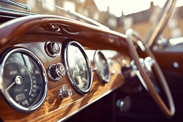Fototapeta premium Classic Car Interior Detail: Wooden Dashboard, Vintage Speedometer, Luxury Vehicle Closeup