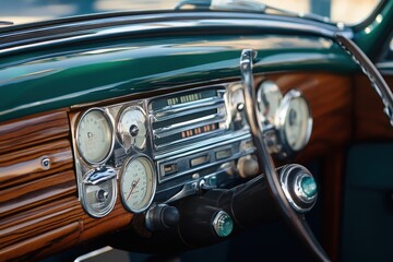 Obraz premium Classic Car Interior Dashboard Detail: Vintage Automobile Dashboard with Wooden Accents and Chrome Details
