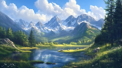 Serene mountain lake reflecting sunlight, surrounded by lush green forests and snow-capped peaks under a blue sky with fluffy clouds.