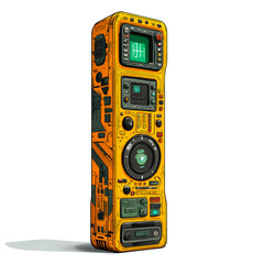 Fototapeta premium Futuristic yellow device with various controls and screens.