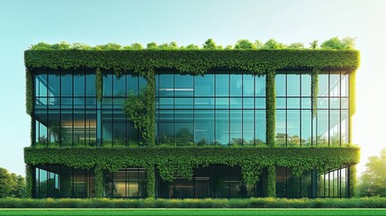 Obraz premium Eco-friendly modern building with green walls, rooftop garden. Large glass windows offer view of interior. Green vines climb up structure creating sustainable design. Building modern, stylish.