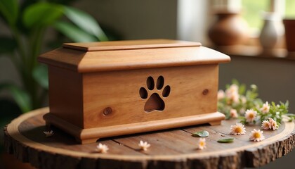 Wooden pet urn with paw print and pink flowers.Pet memorial urn, pet tribute, sympathy gift, animal remembrance, pet loss tribute, condolence gift, animal funeral, heartfelt tribute.