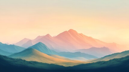 Serene sunrise over pastel-colored mountain range.
