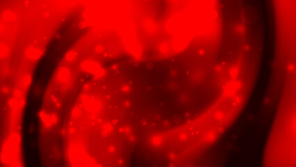 Red swirling nebula depicts tiny bright specks within dark red.
