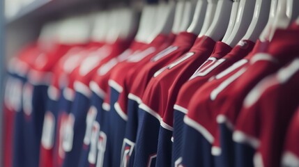 Fototapeta premium Empty locker room displaying team jerseys on hooks, symbolizing the absence of players yet evoking the spirit of camaraderie and shared achievements.
