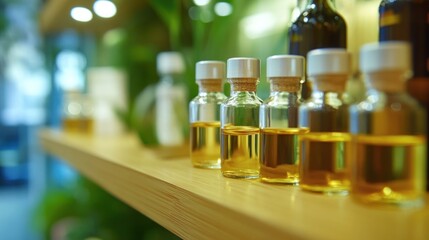 Wellness store concept : small glass homeopathic vials standing in a row on a wooden shelf