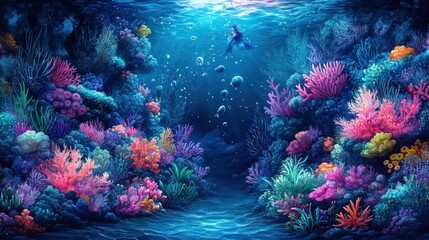 Fototapeta premium Vibrant coral reef, underwater scene, fish.