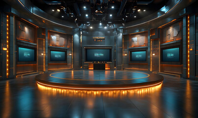 A modern studio with a circular stage and screens, designed for presentations or broadcasts.